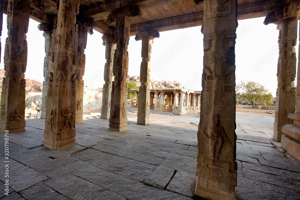 Pillars at the ganesha temple at Hampi world heritage site, Hampi, Karnataka