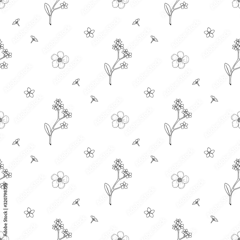 Fototapeta premium Seamless pattern with black-and white flowers forget-me-not and buttercup for fabric, textile, clothes, tablecloth and other things. Vector image.