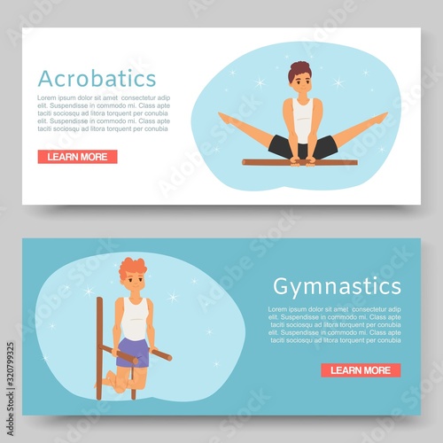 Gymnastic training and acrobatics on horizontal bar sport cartoon web vector illustration. Artistic gymnasts banners set. Professional sportsmen. Male gymnastics and acrobatics for website.