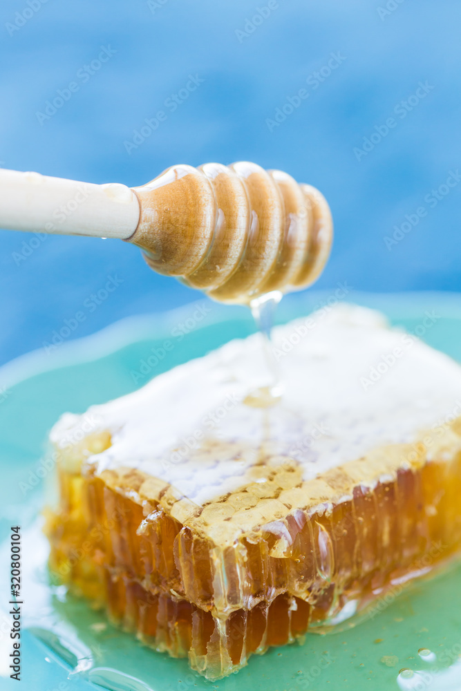 Honey with wooden honey dipper and honeycombs Honey with wooden honey dipper and honeycombs
