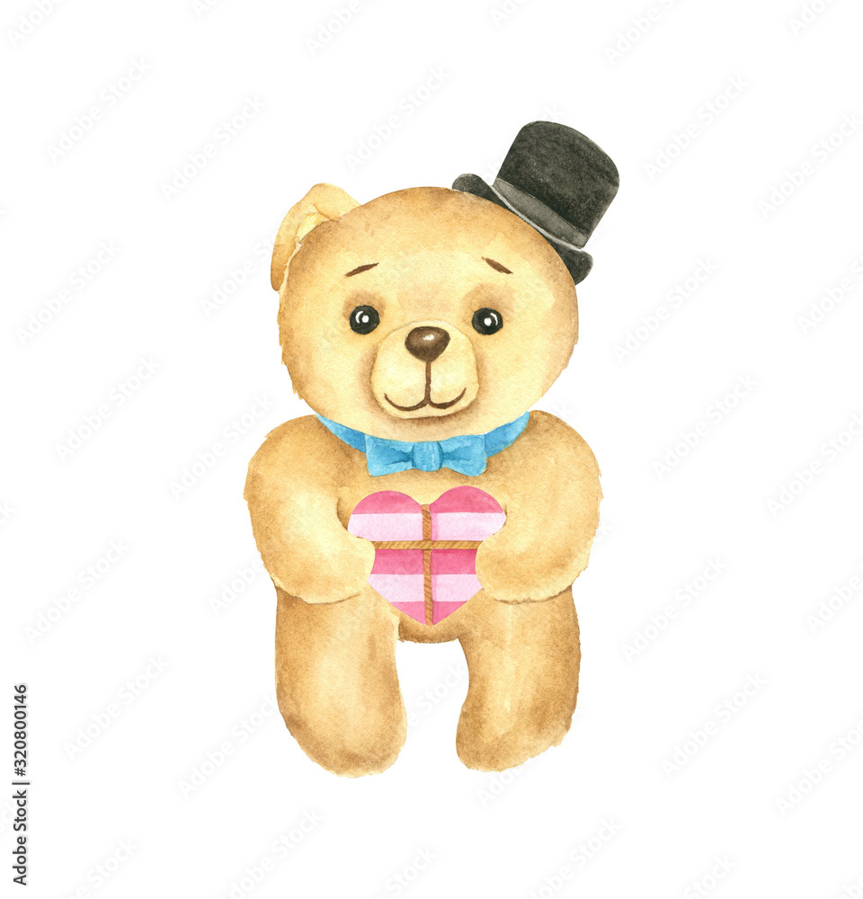 Watercolor hand-painted Teddy bear with heart shaped present illustration. Cartoon character on isolated white background. Watercolor hand-painted Teddy bear with heart shaped present illustration. Cartoon character on isolated white background.