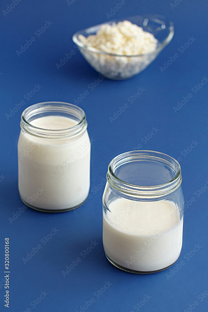 Fermented drink kefir in small bottles and kefir grains Fermented drink kefir in small bottles and kefir grains