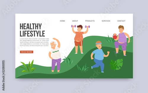 Fat obese men and healthy lifestyle vector web template. Illustration of overweight fatty guys training, doing exercises, jogging and workout. Healthy lifestyle and weight loss concept website.
