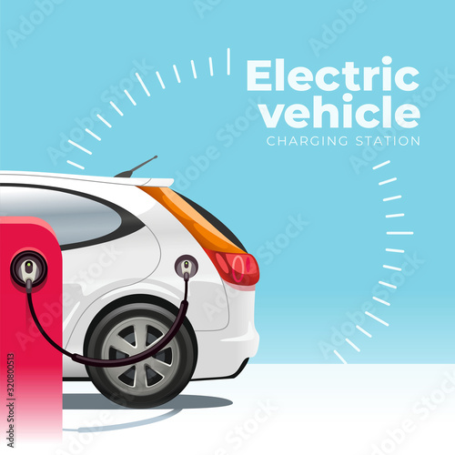 Eco-friendly electric car is connected by cable and is charged at the charging station. Side view of the rear of the car.