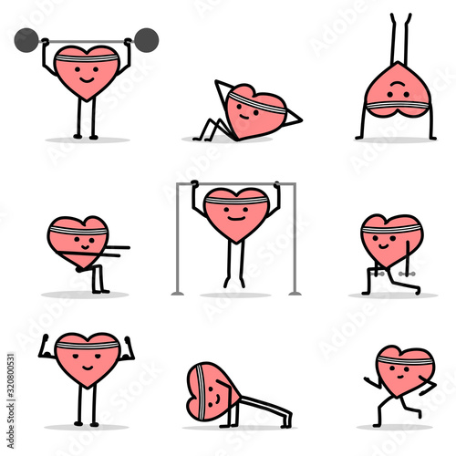 Vector cartoon hearts doing sport exercices set. To see the other vector heart character illustrations , please check Cartoon Heart Characters collection.