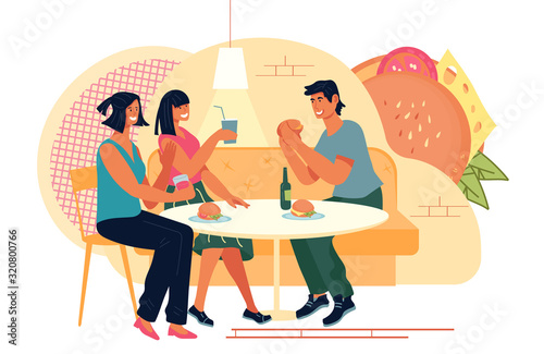 Friends eating in fast food restaurant or burger cafe. American cuisine cafeteria or bistro with people characters. Eating out and food festival concept. Flat vector illustration isolated.