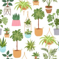 Keuken achterwand Planten in pot patronen Tropische cactussen en vetplanten cartoon  © partyvector