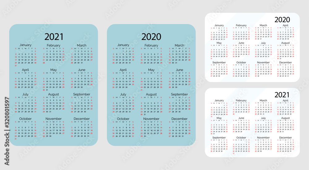 Pocket vector calendar 2020 and 2021 year. Vertical and gorizontal calenders. Minimal business simple clean design. English grid, week starts from sunday. Pocket vector calendar 2020 and 2021 year. Vertical and gorizontal calenders. Minimal business simple clean design. English grid, week starts from sunday.