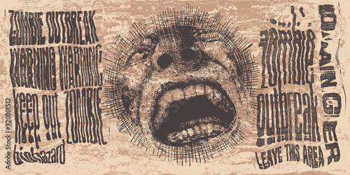 Poster Zombie Outbreak with screaming head, hand-written fonts, glitch words Zombie Outbreak Leave This Area and textures. vector illustration. 