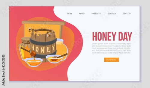 Natural organic honey web vector template. Illustration of wooden barrel with honey, bees and honeycomb for tasting. Natural floral honey website or landing. Market day for organic products webpage.