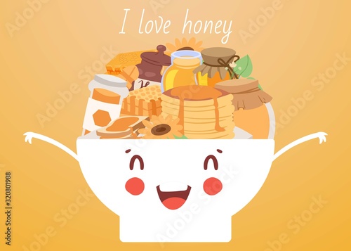 I love honey products cartoon cute bowl vector illustration banner. Kawaii bowl and jars of different sorts of honey and honeycomb. Natural healthy floral honey poster. for stores and shops.