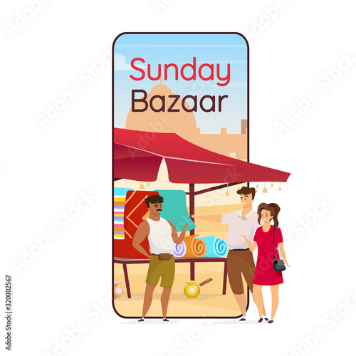 Sunday bazaar cartoon smartphone vector app screen. Arabic souk. Egyptian souvenirs for tourist. Mobile phone display with flat character design mockup. Flea market application telephone interface