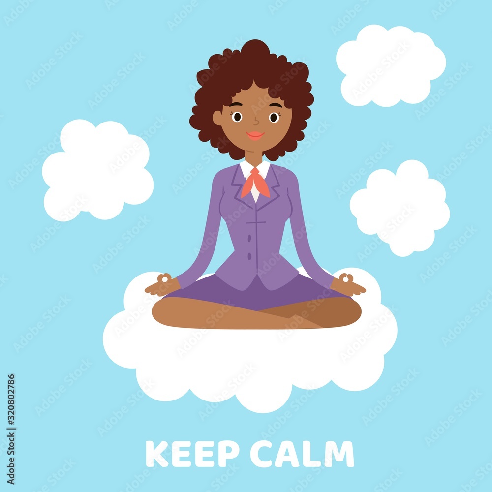 Keep calm relax spiritual zen balance lotus yoga concept vector illustration. Black skinned business woman doing yoga in clouds trying to keep calm under stress pressure problem and find solution. Keep calm relax spiritual zen balance lotus yoga concept vector illustration. Black skinned business woman doing yoga in clouds trying to keep calm under stress pressure problem and find solution.
