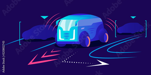 Driverless car flat color vector illustration. Autonomous transport, self driving vehicle on blue background. Smart self navigating van with auto pilot. Innovative urban transportation