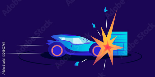 Car wreck flat color vector illustration. Automobile smashing against wall on blue background. Transport hitting obstacle side view. Vehicle crash test, road accident, emergency situation