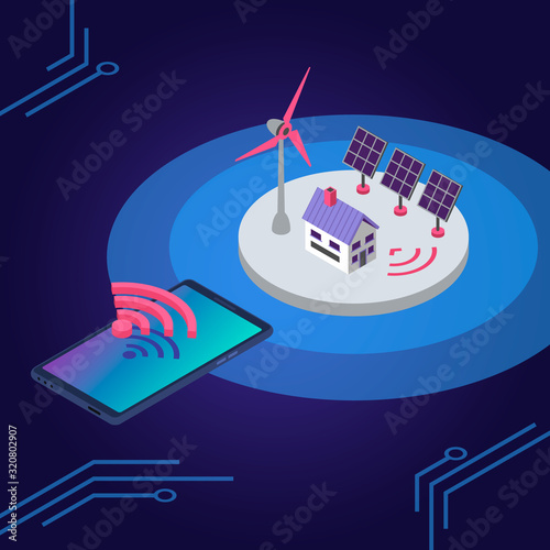 Renewable energy isometric color vector illustration. Eco friendly electricity source wireless remote control. Smart home solar panel and windmill 3d concept isolated on blue background