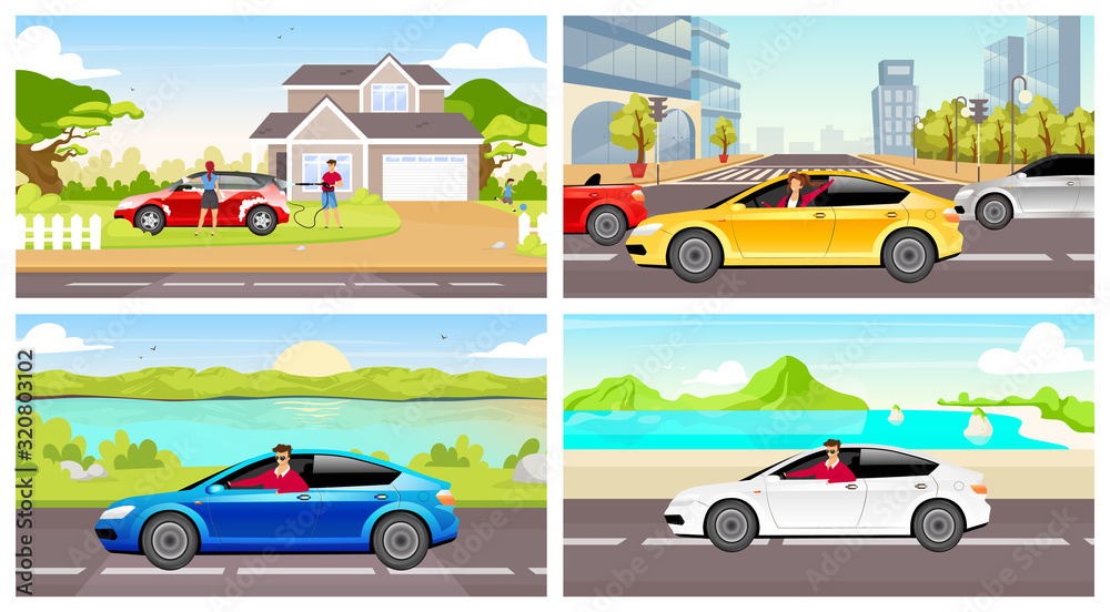 People with automobiles flat color vector illustrations set. Young adults driving cars 2D cartoon characters. Couple washing hatchback, cleaning family car. Man and woman driving sedan