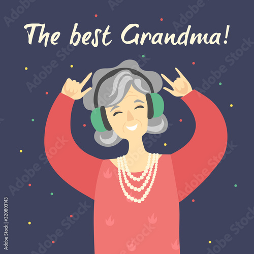 Cool modern funny grandmother is listening music. Vector flat cartoon illustration