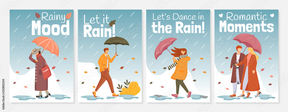Rainy mood poster flat color vector templates set. People with umbrellas. Brochure, cover, booklet one page concept design with cartoon characters. Advertising flyer, leaflet, banner, newsletter