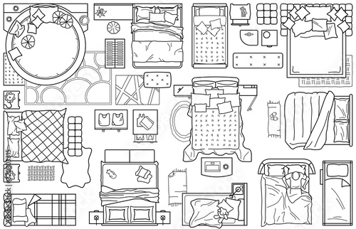 Set of furniture icons for the bedroom, top view. The layout plan of the apartment. Interior icon for floor plan. A set of beds (sign and symbol) plan of the bedroom design. Vector blueprint