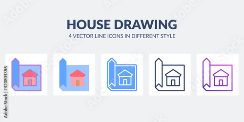 House drawing icon in flat, line, glyph, gradient and combined styles.