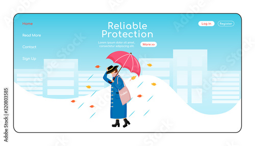 Reliable protection landing page flat color vector template. Rainywear homepage layout. Fashionable woman in raincoat one page website interface with cartoon character. Rainy day web banner, webpage