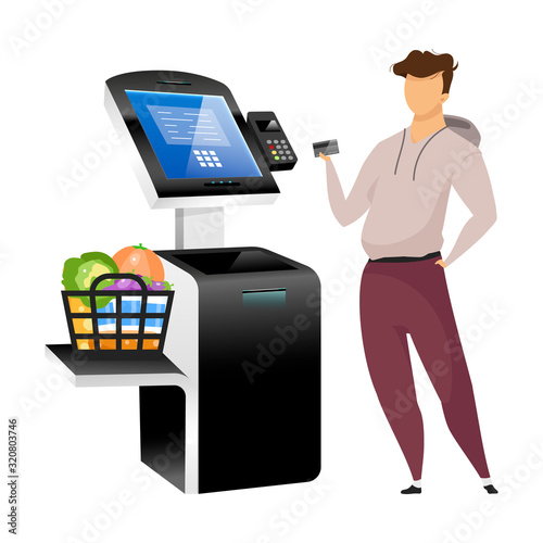 Man with store terminal flat color vector faceless character. Contactless payment machine isolated cartoon illustration on white background. Supermarket self service kiosk with interactive interface