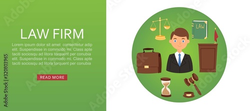Lawyer, legal advisor law firm vector web banner illustration of cartoon male attorney with hummer, law book and scales, justice symbols. Advocate having court defense idea. Law company.