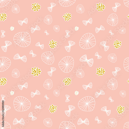 Doodle butterflies and wildflowers on a pink background seamless vector pattern. Girly light suface print design in pastel colors. Great for fabrics, scrapbook paper, packaging, gift wrap.