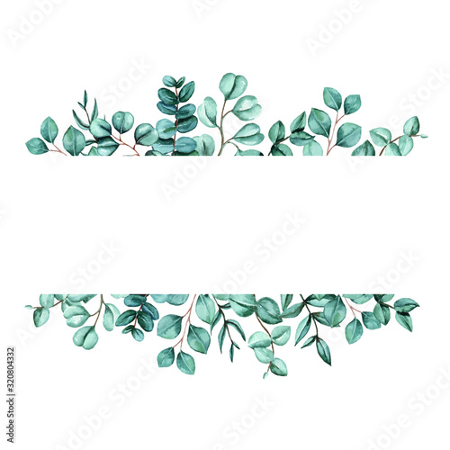 Watercolor hand painted vector card with green eucalyptus leaves banner. Healing Herbs for cards, wedding invitation, posters, save the date or greeting design isolated on white.
