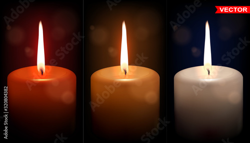 Realistic big colorful paraffin or wax aromatic decorative round cylindrical shiny candles with fire flame. On black background. Vector icons set.