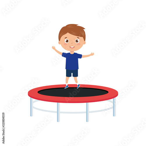 cute little boy in trampoline jump game vector illustration design