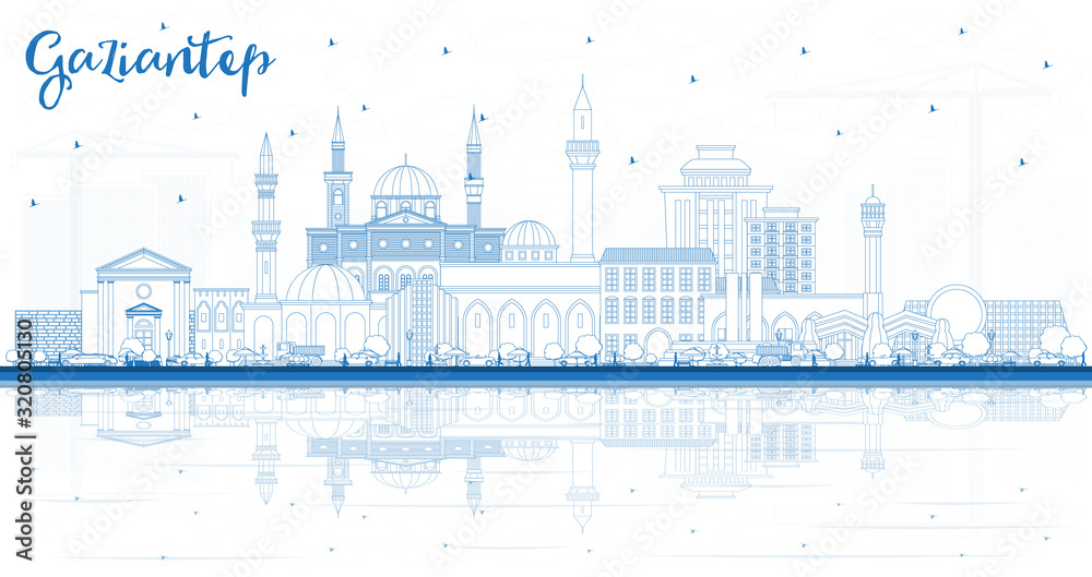Outline Gaziantep Turkey City Skyline with Blue Buildings and Reflections.