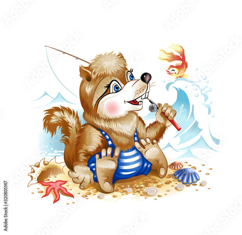 Funny Chipmunk in a blue striped bathing suit with a fishing rod in his hand and a goldfish in the sea on the tide. Vector illustration.