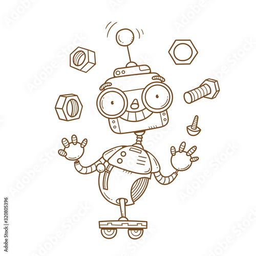 Vector card with a cute cartoon robot. Funny character. Contour image no fill.  Illustration for children.