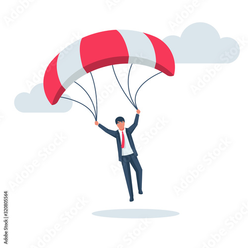 Businessman on a parachute makes a jump. Vector illustration flat design. Isolated on white background. Business people reaching goals. Free life without borders. Active holiday.