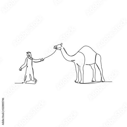 Continuous line drawing of arab man riding and walking with a camel. Ramadan kareem and ied mubarak greeting card line concept. Vector illustration.