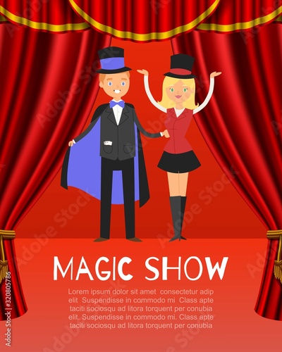 Magic show poster with male and female magicians illusionists in hats and mantle on circus red stage cartoon vector illustration. Illusion banner with magical performance.