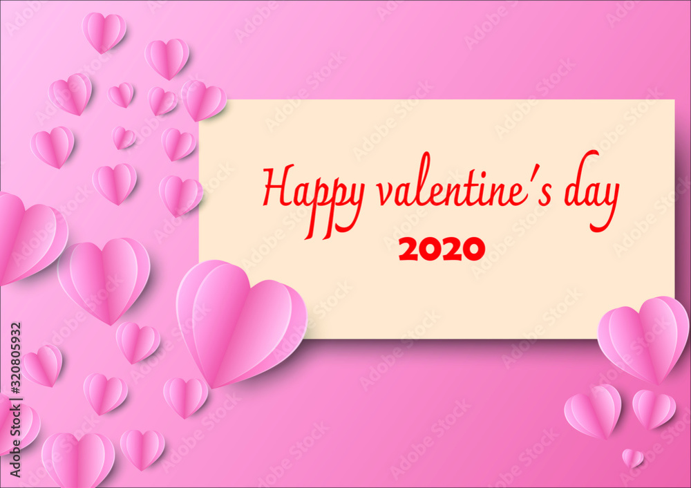 Valentine's Day background. Large and small pink paper hearts and with the letters inscribed with the word Valentine's Day 2020
