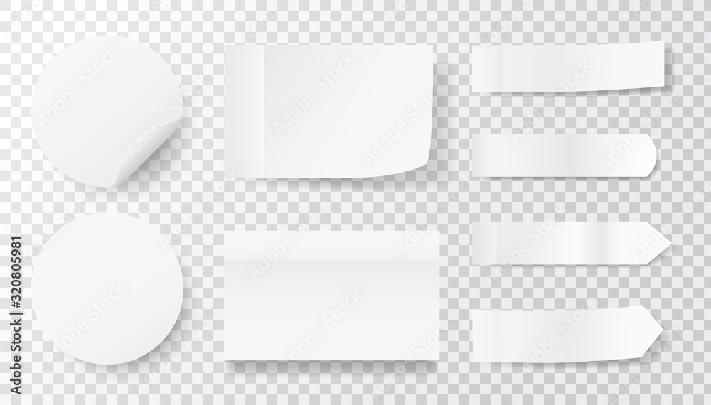 White sticker set on transparent background. Paper labels and tags. Realistic stickers with folded edge. Sticky note mockup. Adhesive sheets. Vector illustration White sticker set on transparent background. Paper labels and tags. Realistic stickers with folded edge. Sticky note mockup. Adhesive sheets. Vector illustration