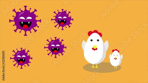 Two chicken with vaccine in syringe for pportect from birds flu or avian fluenza on orange background. H5N1 Concept. photo