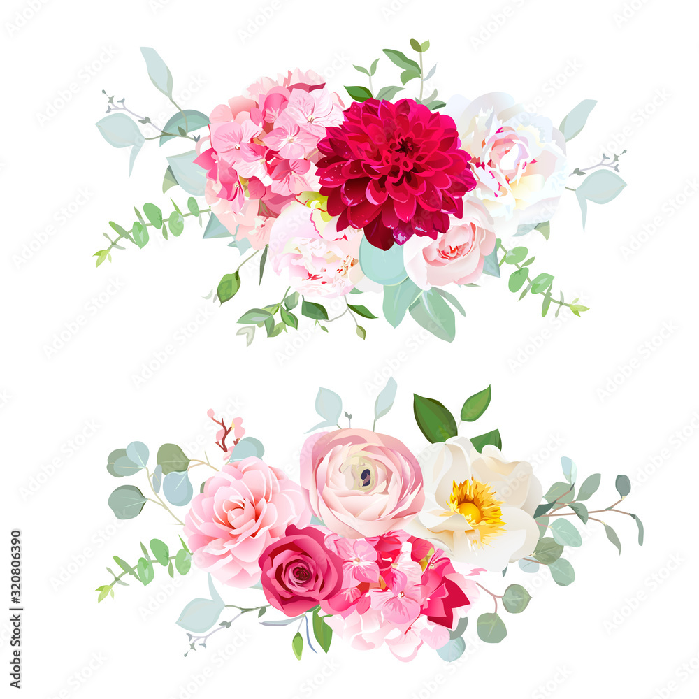 Red dahlia,pink hydrangea,rose, white peony, camellia