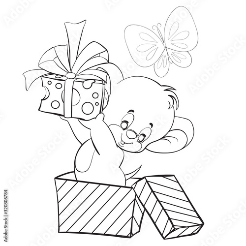 little mouse stands in a big box and joyfully holds a small box with a surprise on outstretched hands, outline drawing,