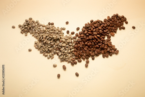 Green and roasted coffee beans