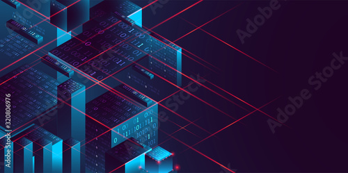 Isometric big data flow processing concept, database. Abstract technology background. Vector illustration