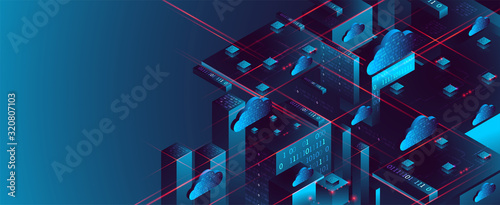Isometric big data flow processing concept, database. Abstract technology background. Vector illustration