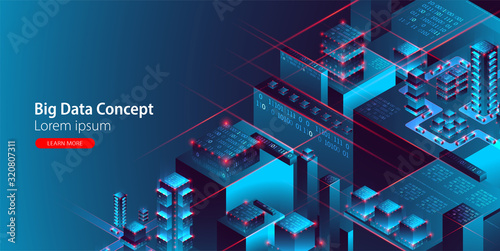 Isometric big data flow processing concept, database. Abstract technology background. Vector illustration