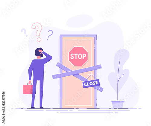 Preoccupied business man is standing near the closed door and scratching his head. Metaphor of issues and questions. Modern vector illustration.