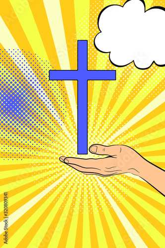 Hand, cross and speech bubble on pop art background. Vector illustration