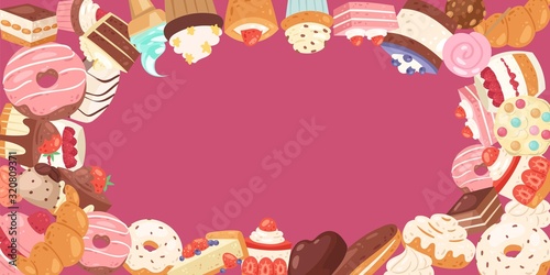Patisserie background frame with sweets, desserts, cake and cupcakes around on pink, vector illustration. Sweet pastries and ice cream, donuts for menu, bakeries, card or cafe poster.